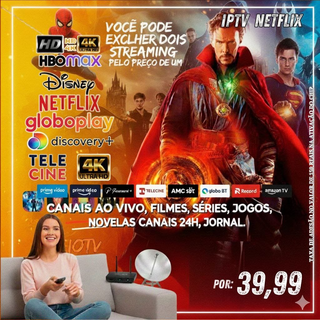 Arte promocional da RAIO: escolha dois streamings pelo preço de um, com canais ao vivo, filmes, séries, jogos, novelas e canais 24 horas, por R$ 39,99. Tarja lateral informa taxa de adesão de R$ 150 na ativação do chip