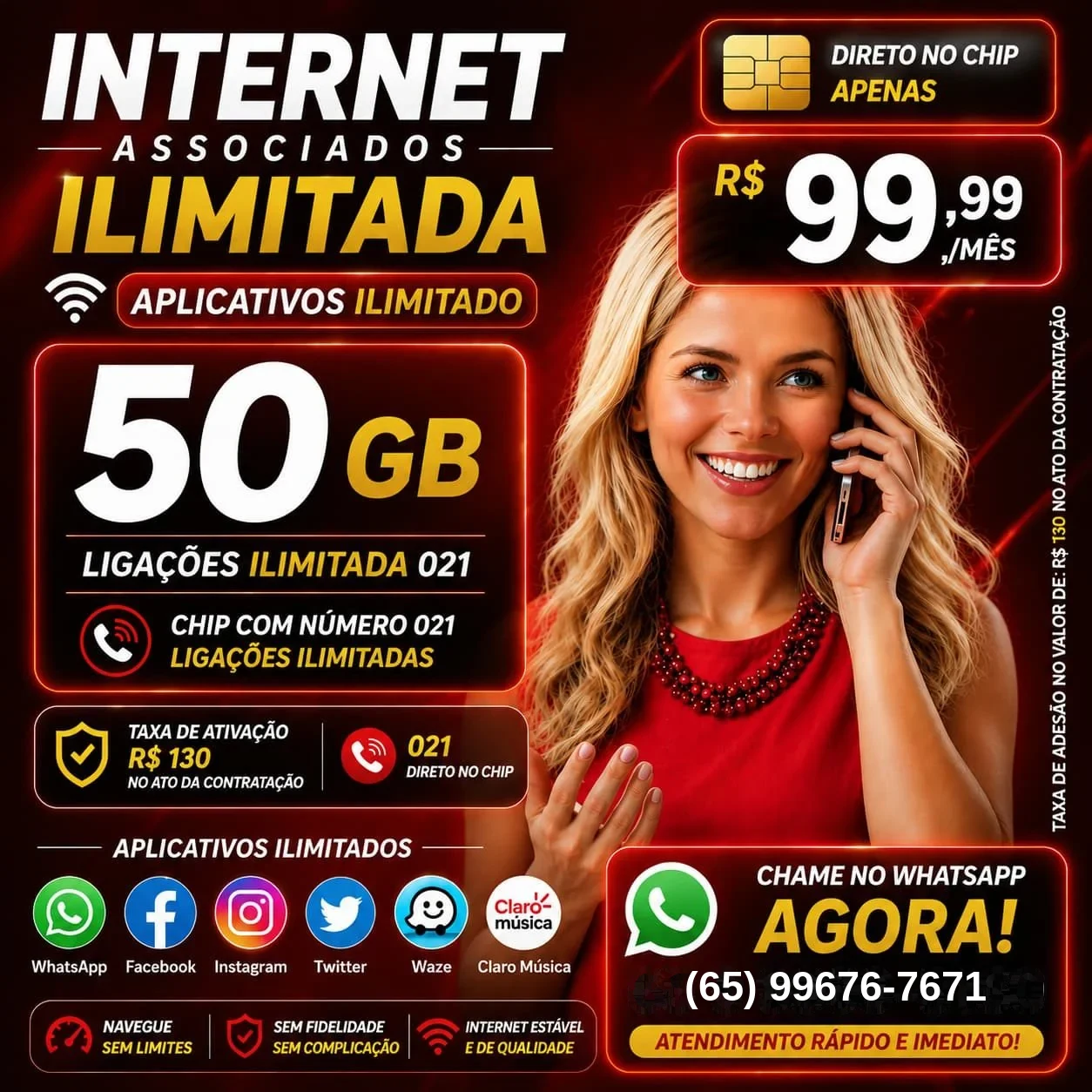 Arte da Internet Associados com a Claro: internet ilimitada direto no chip com 50 GB, ligações ilimitadas, aplicativos ilimitados e navegação sem limites