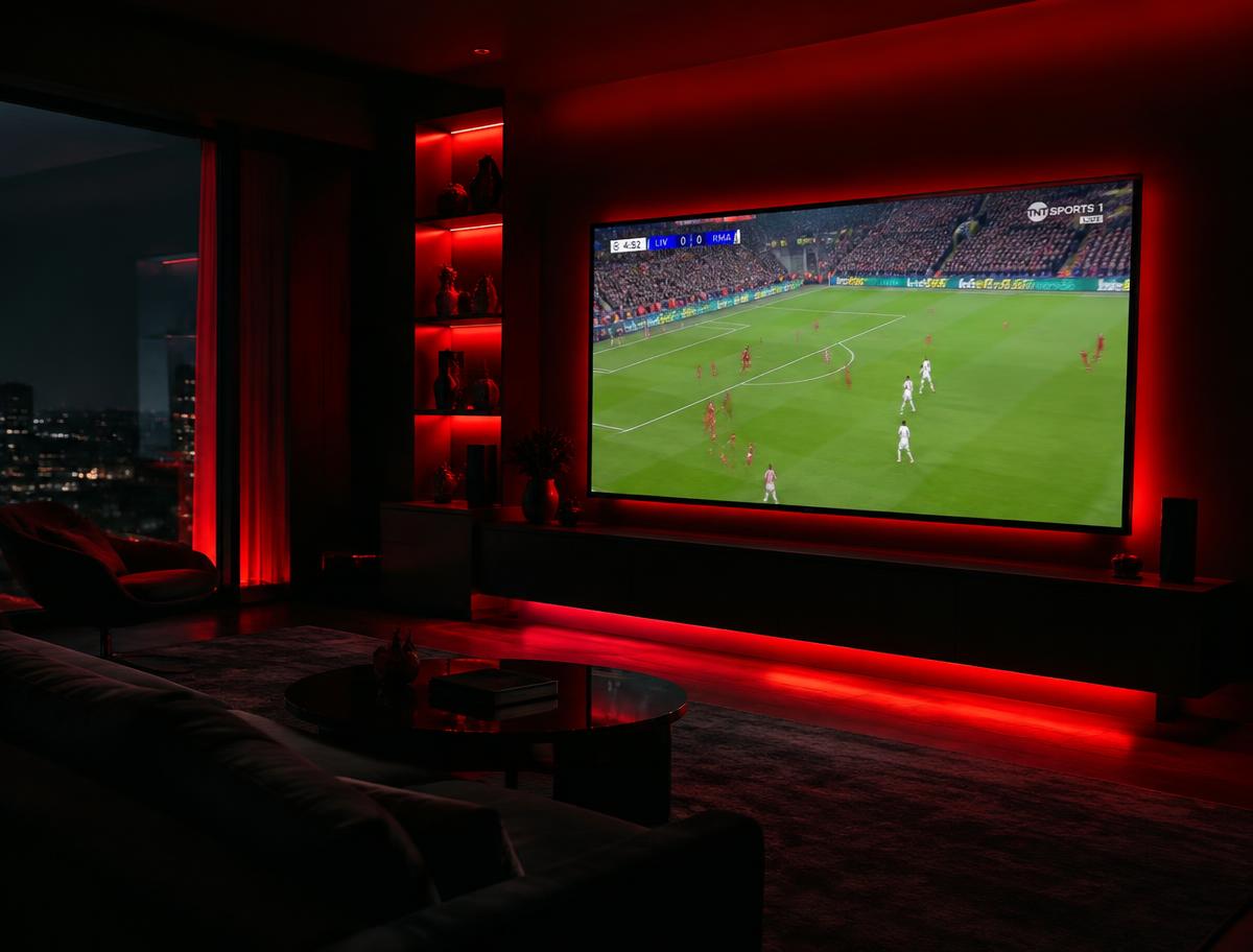 Sala de entretenimento com partida de futebol na televisão